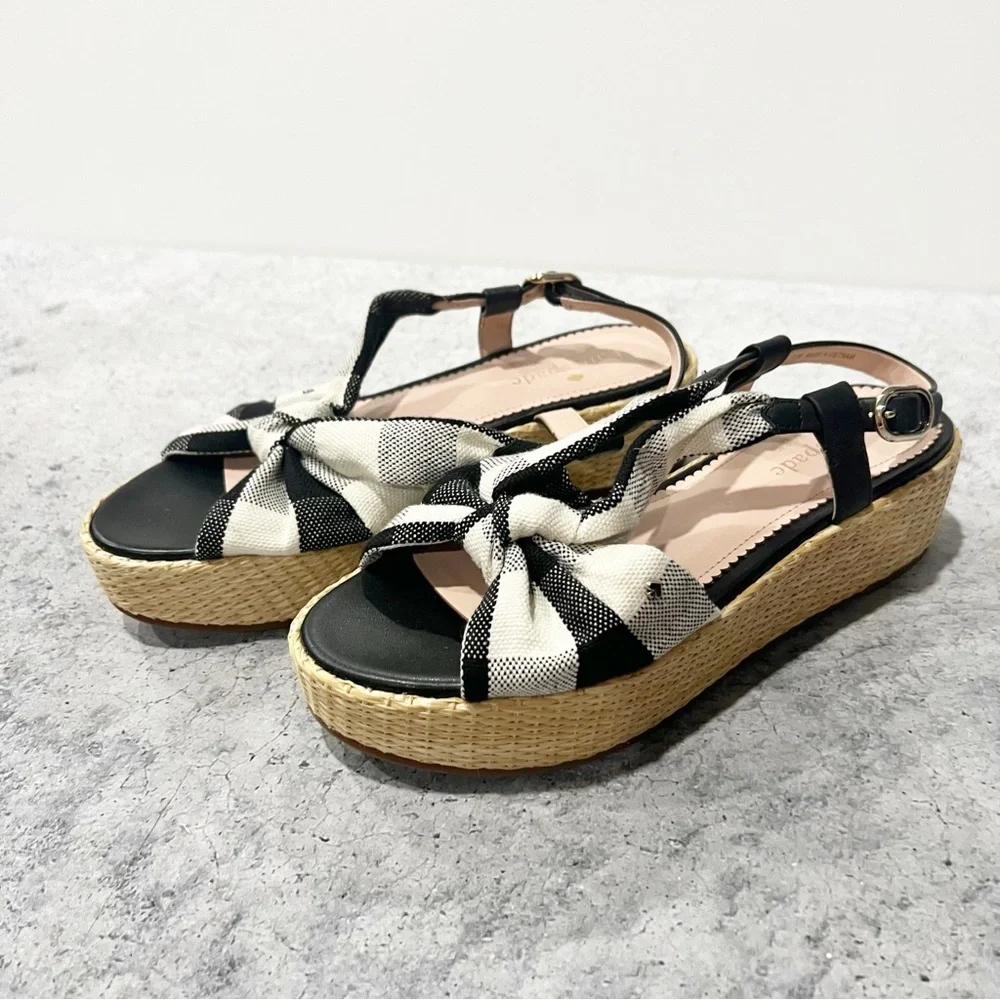 NEW Kate Spade Betsy Gingham Mixed Material Platform Sandal Black / Cream 7.5